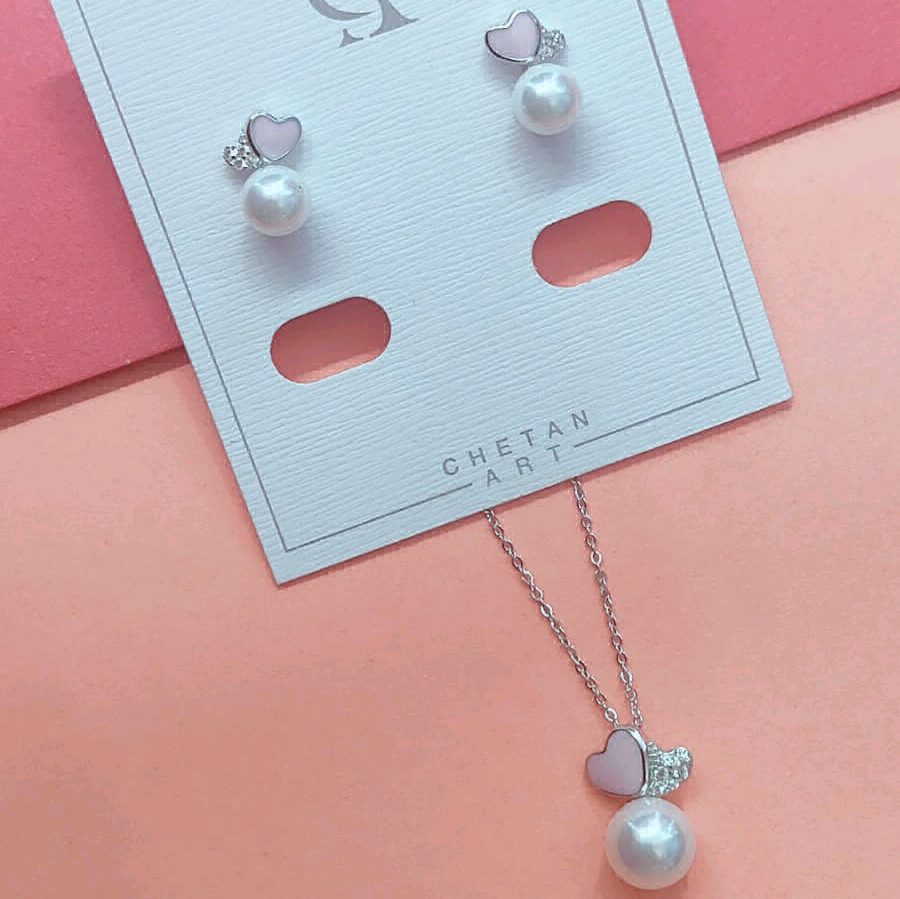 Sterling Silver Pearl Pendant with Dainty Pink Heart Pendant Set 